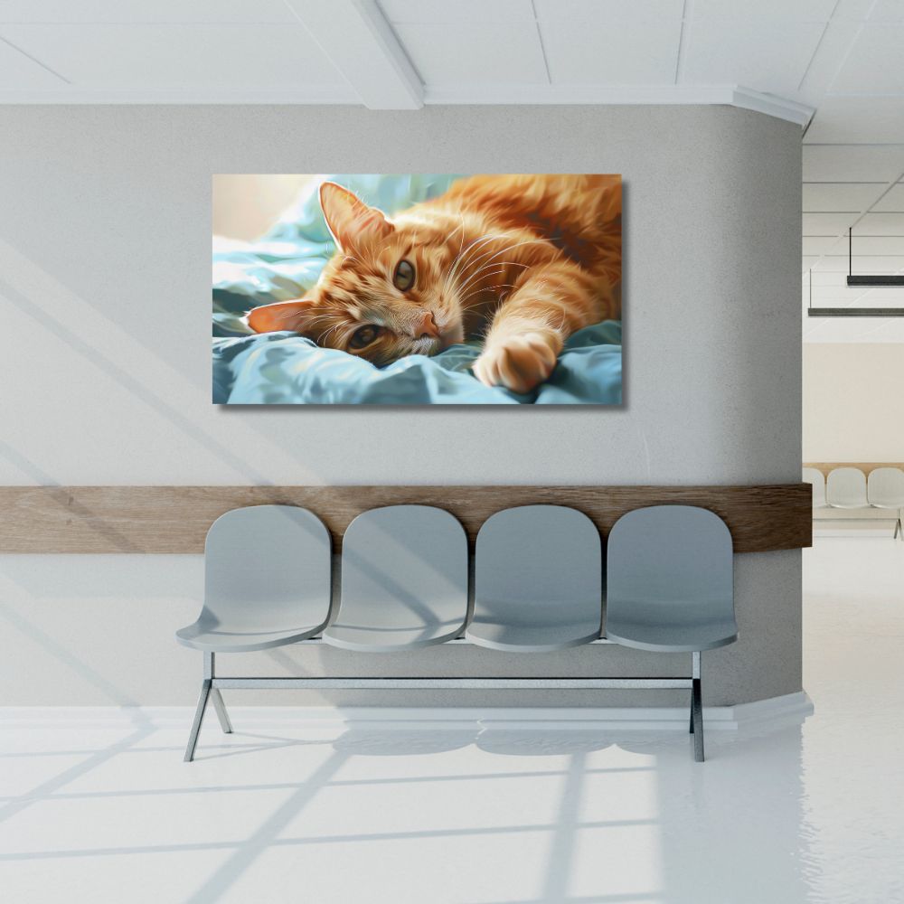 Slika narandžaste tabby mace na plavom ćebetu, print na platnu sa vidljivom teksturom, moderna dekoracija za dom