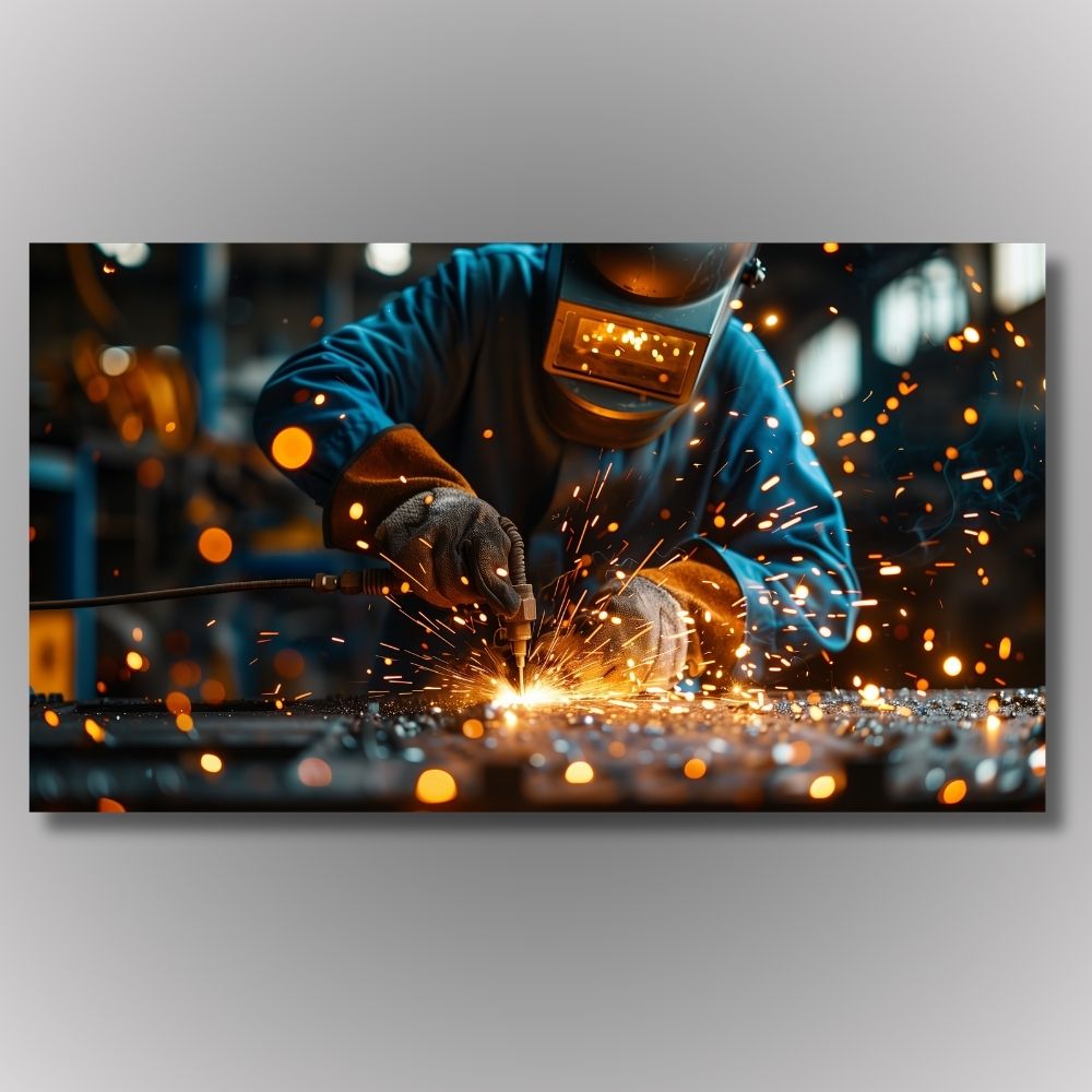 Umetnički prikaz zavarivača pod maskom sa vrelim narandžastim varnicama, moderna slika na platnu za industrijske enterijere i projektne biroe.