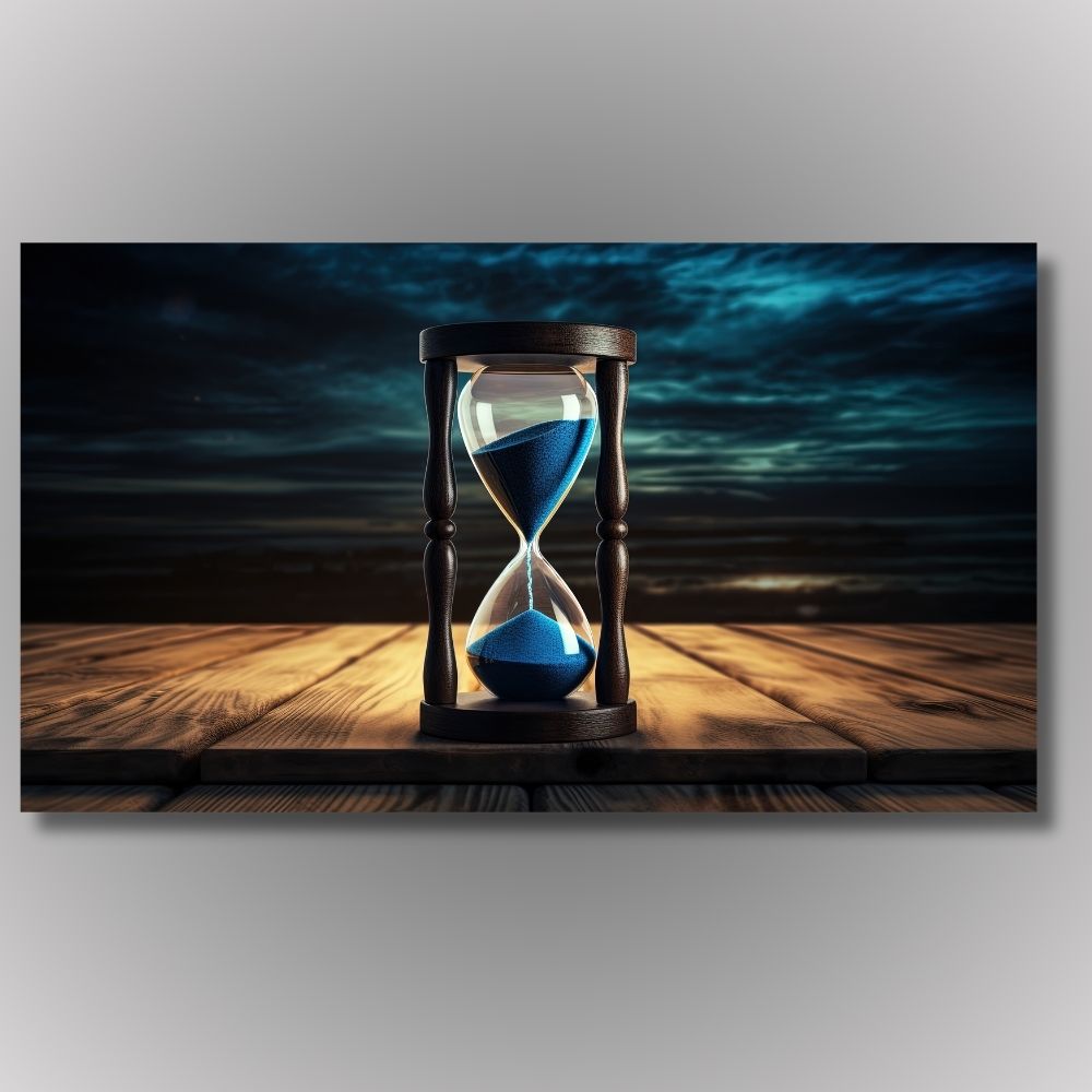 Slika drvenog peščanog sata sa plavim peskom na drvenom stolu, suton u pozadini, simbol strpljenja i motivacije.