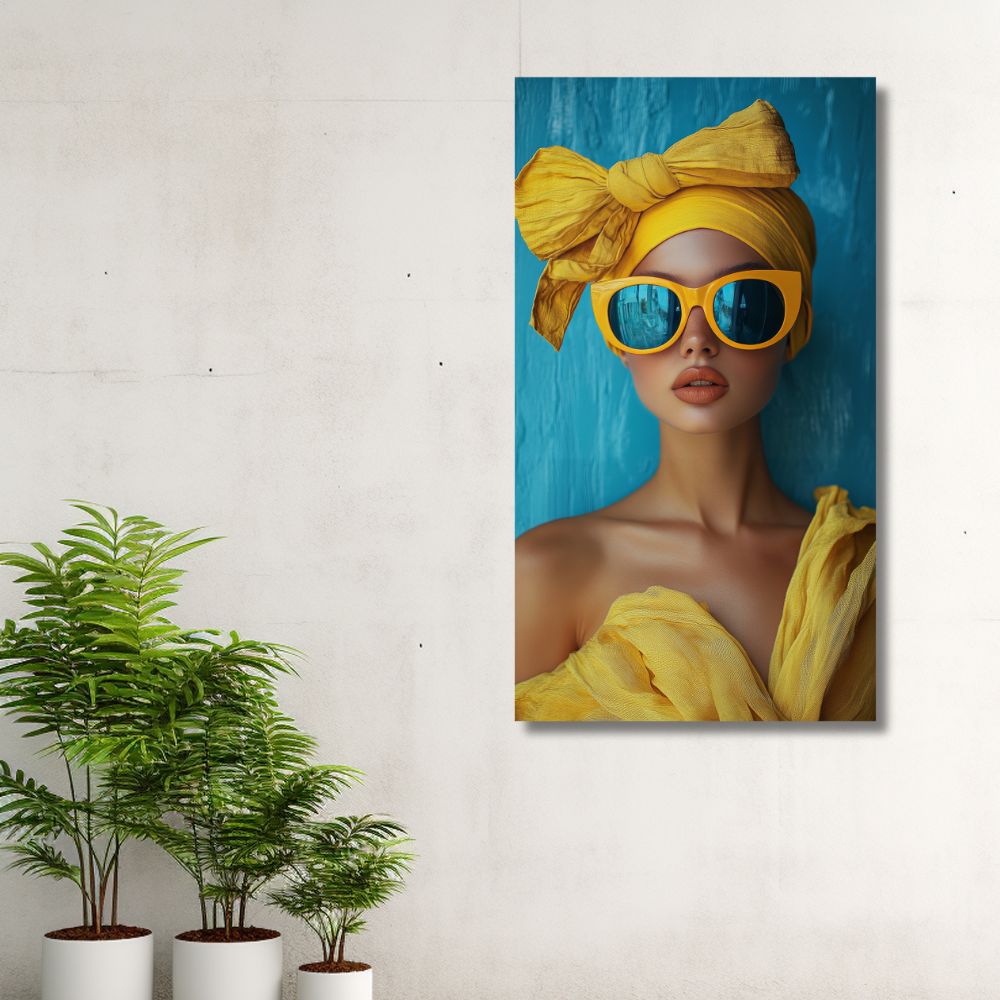 Vertikalna modna slika devojke sa žutom mašnom i naočarima na tirkiznoj pozadini, moderna dekoracija za modni atelje.