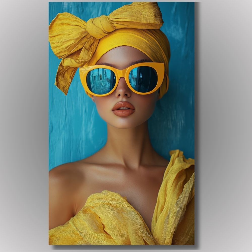 Vertikalna modna slika devojke sa žutom mašnom i naočarima na tirkiznoj pozadini, moderna dekoracija za modni atelje.