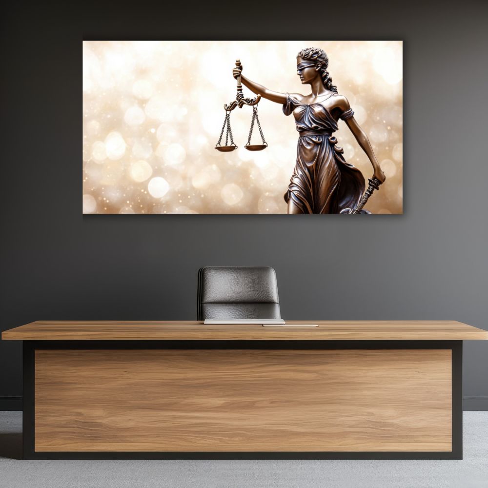 umetnička slika na platnu boginja pravde Temida sa vagom i mačem na zlatnoj blistavoj pozadini
