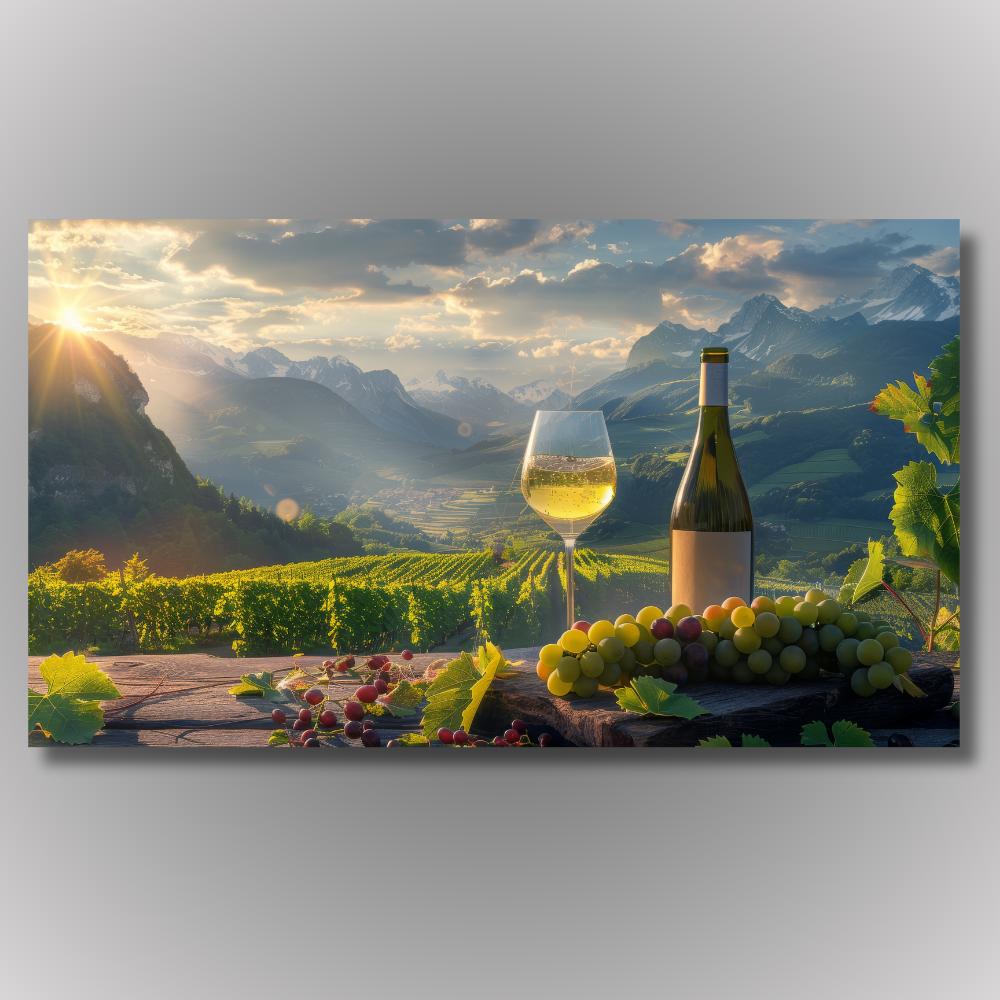 Vodoravna slika vinograda u svitanje sa čašom belog vina i grožđem u krupnom planu, planine u pozadini, toplo sunčevo svetlo.