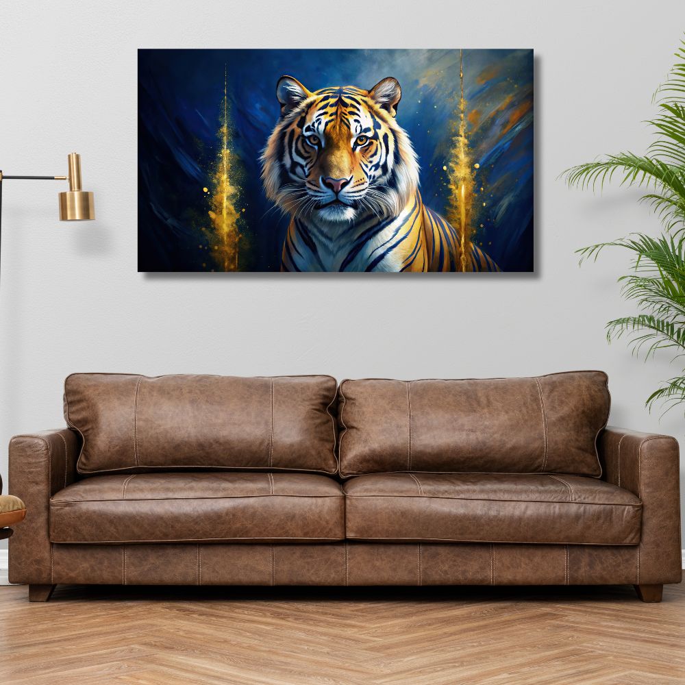 Moderna umetnička slika tigra sa plavom pozadinom i zlatnim detaljima, dekoracija za ljubitelje životinja.