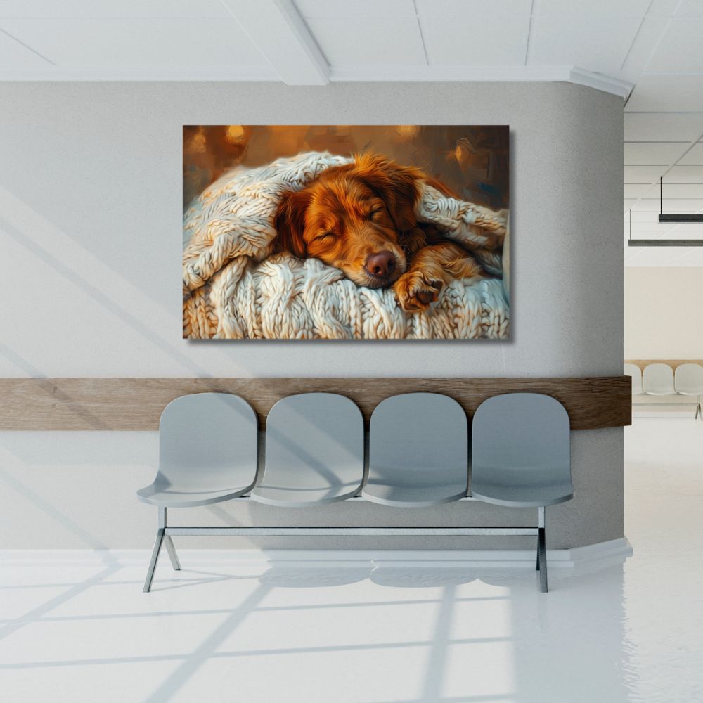 Slika zlatnog retrivera koji spava pod pletenim ćebetom, topli tonovi krzna, print na platnu, dekoracija za spavaću sobu i veterinarske klinike.