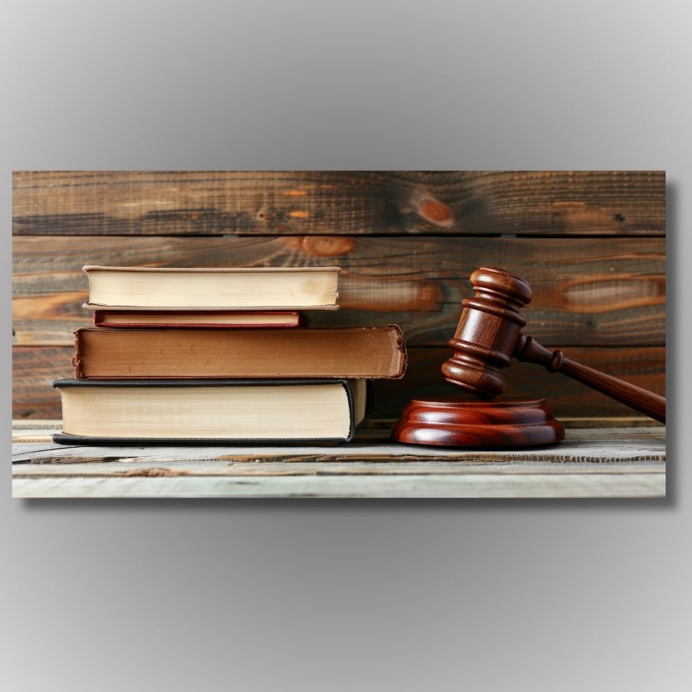 Sudijski čekić i stare pravne knjige na drvenom stolu, klasična slika na platnu za advokatske kancelarije, poklon za pravnike.