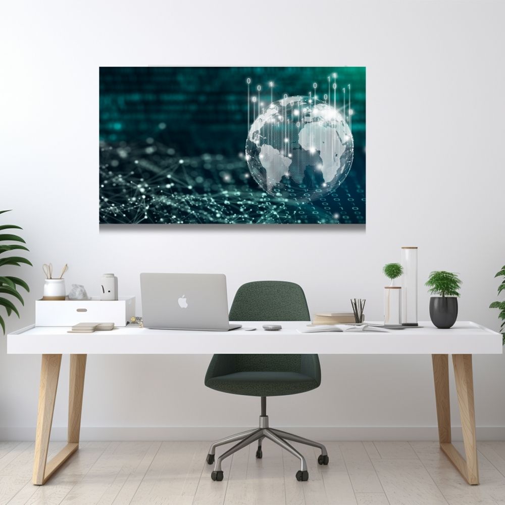 Moderna slika na platnu sa motivom digitalne planete i binarnim kodom, idealna kao poklon za programere i dekoracija za IT kancelarije.