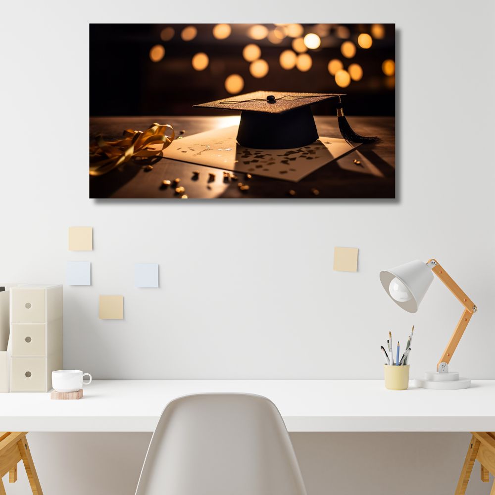 Slika na platnu sa kapom za diplomiranje i zlatnim detaljima, simbol akademskog uspeha i diplomiranja.