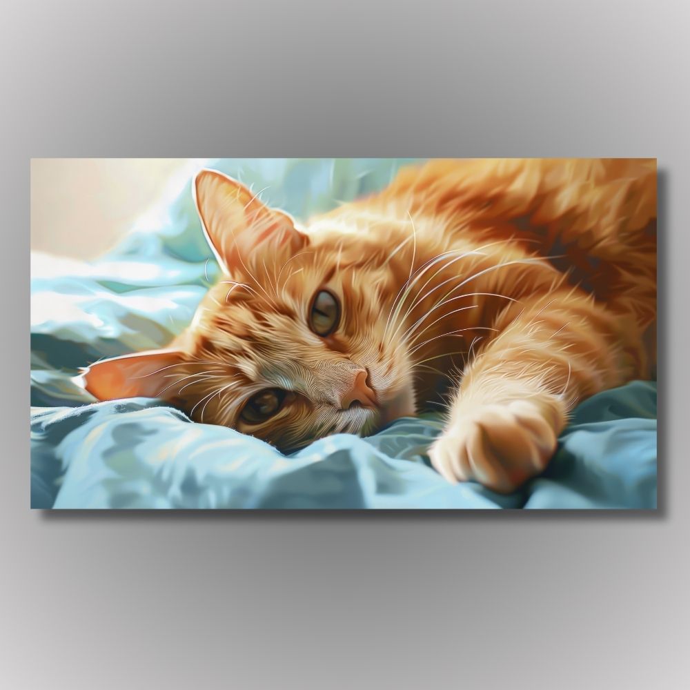 Slika narandžaste tabby mace na plavom ćebetu, print na platnu sa vidljivom teksturom, moderna dekoracija za dom.