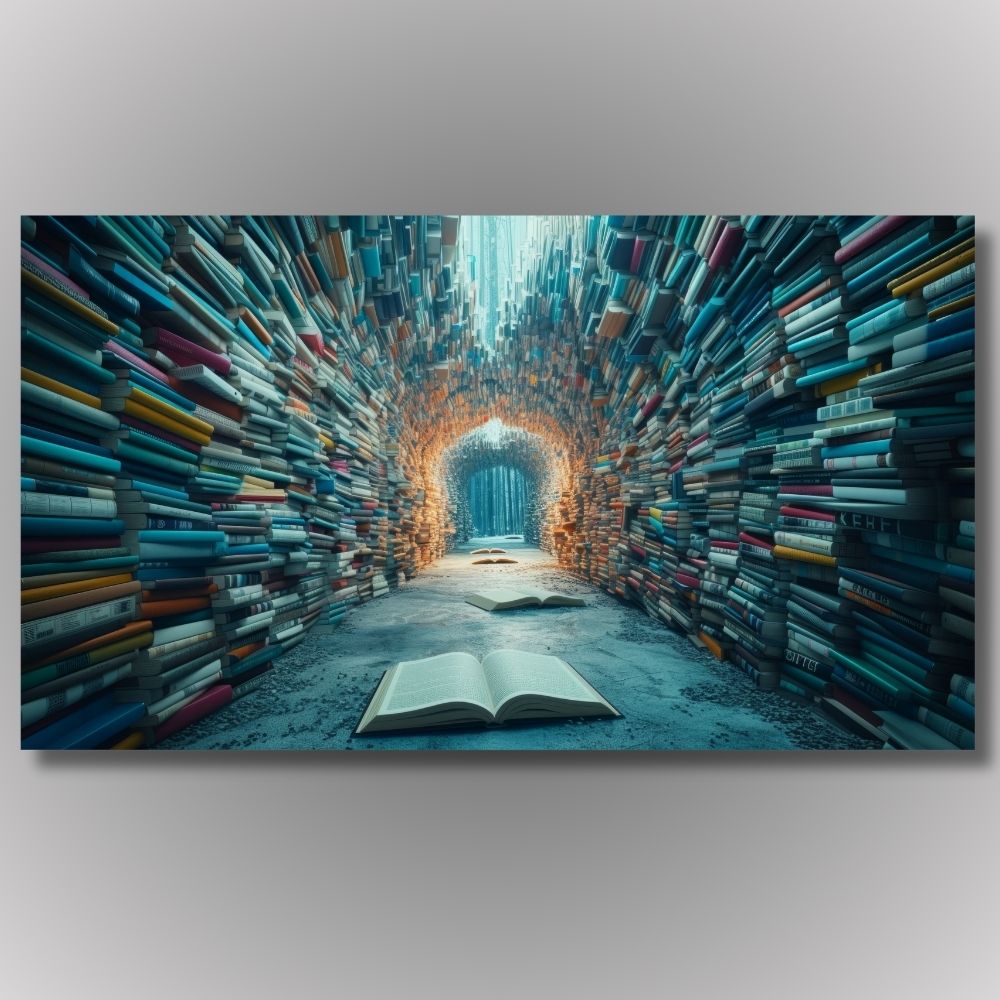 Slika tunela napravljenog od knjiga sa otvorenom knjigom u prvom planu, savršena za dekoraciju kućne biblioteke.