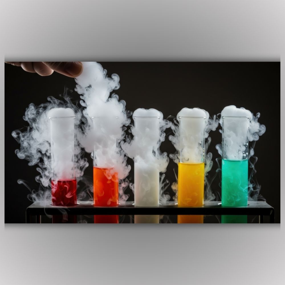 Slika na platnu sa epruvetama u boji i dimom, idealan poklon za diplomiranje na hemiji i dekoraciju hemijske laboratorija.