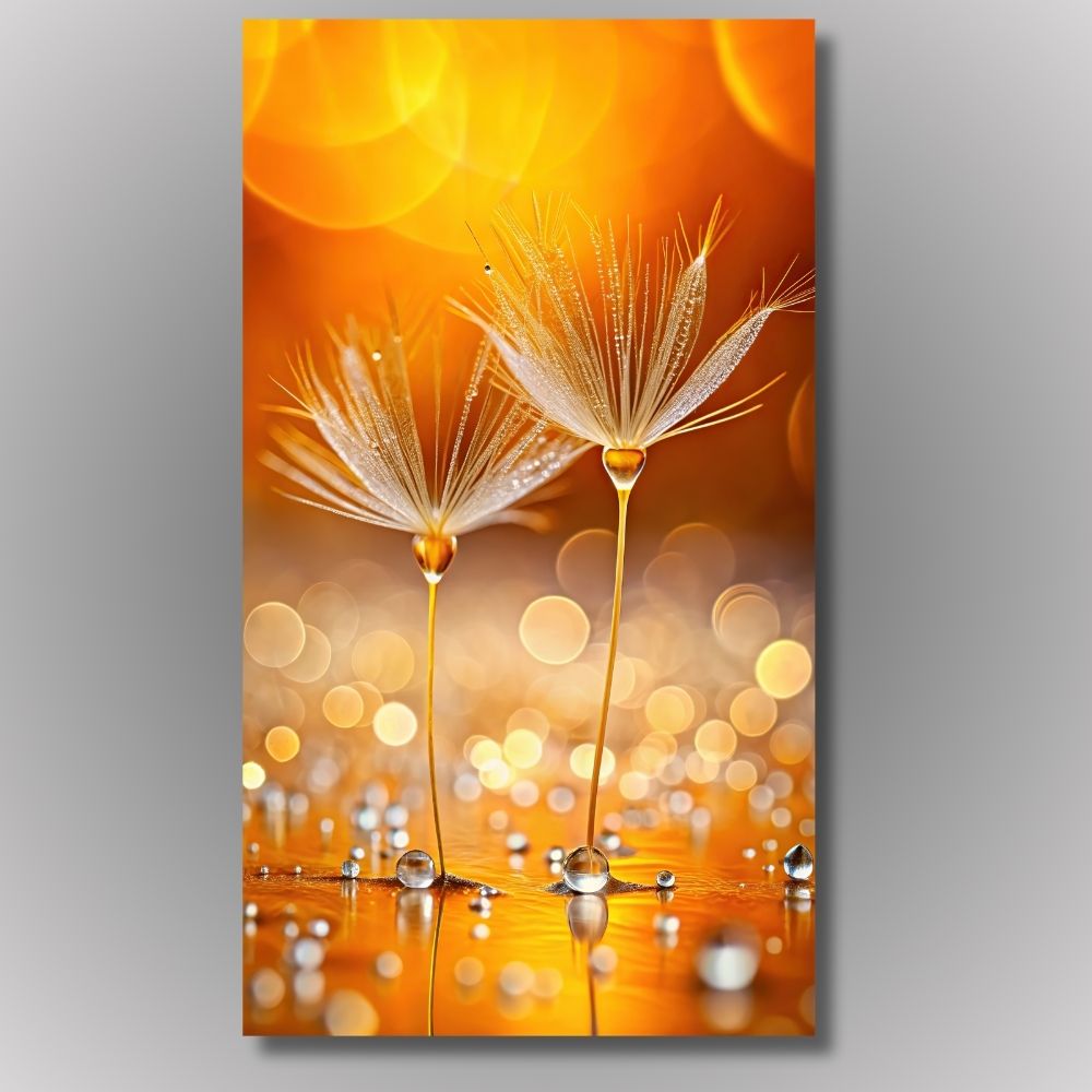 Slika semena maslačka sa kapima vode na narandžastoj pozadini, simbolika strpljenja, snage i novog početka.