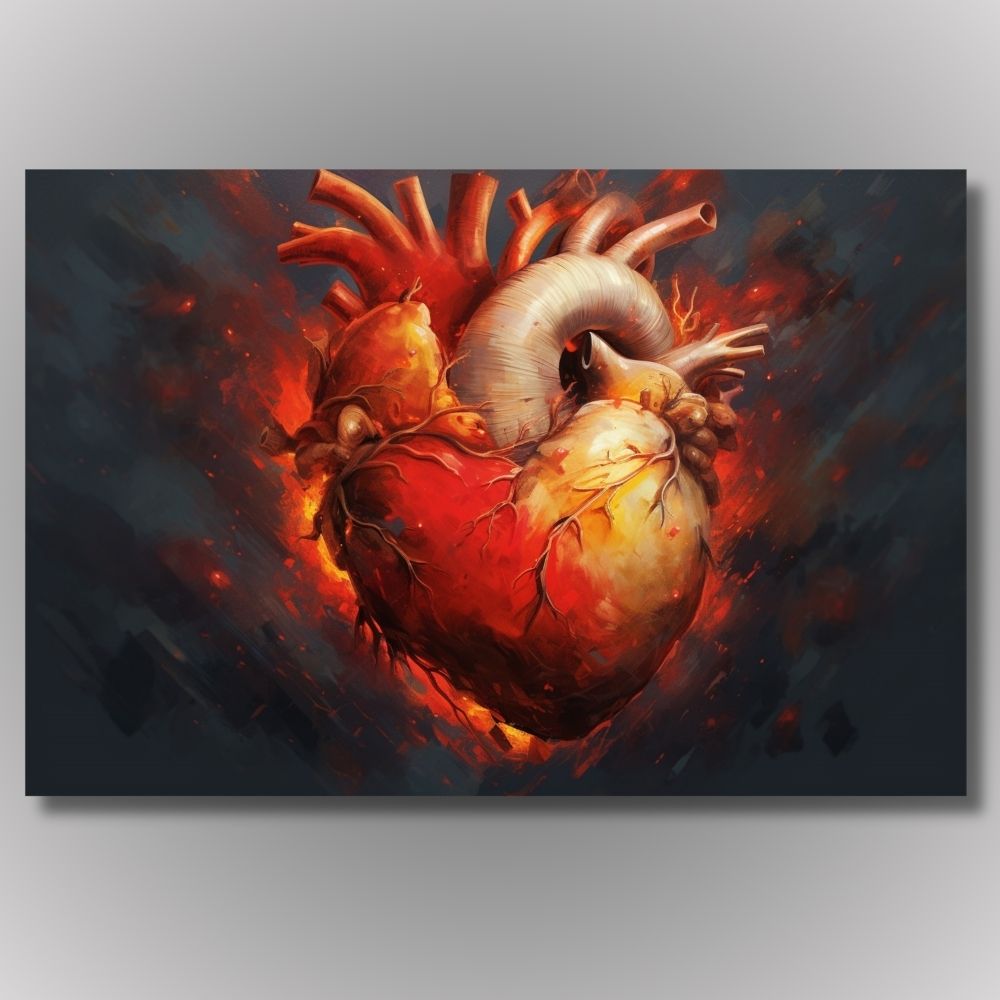 Slika anatomskog srca u vatrenim bojama, topla dekoracija za zid, poklon za kardiologe i jubileje.