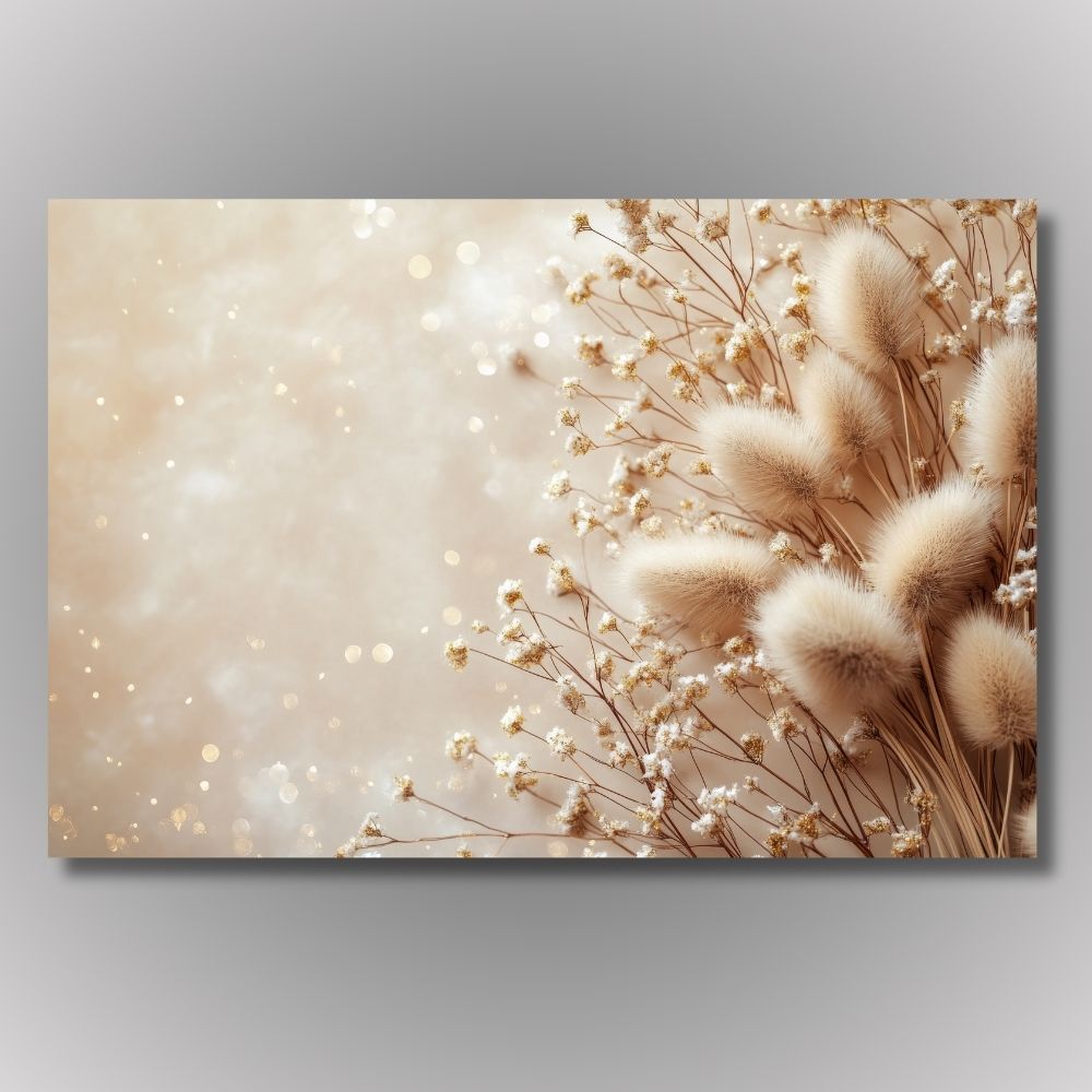 Slika na platnu sa pampasom, sitnim belim cvećem gipsofilom i zlatnim prahom na pastelnoj pozadini.