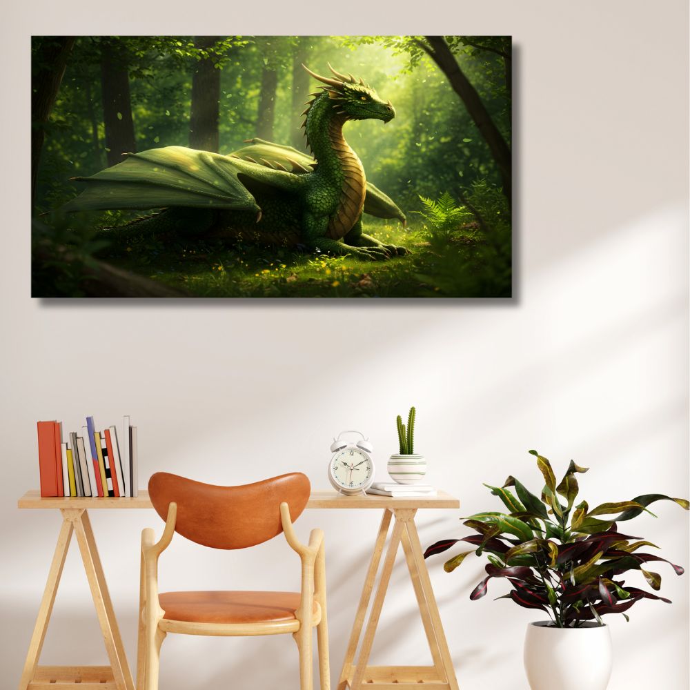 Slika na platnu sa motivom zelenog zmaja koji leži u suncem obasjanoj šumi, stil epske fantastike
