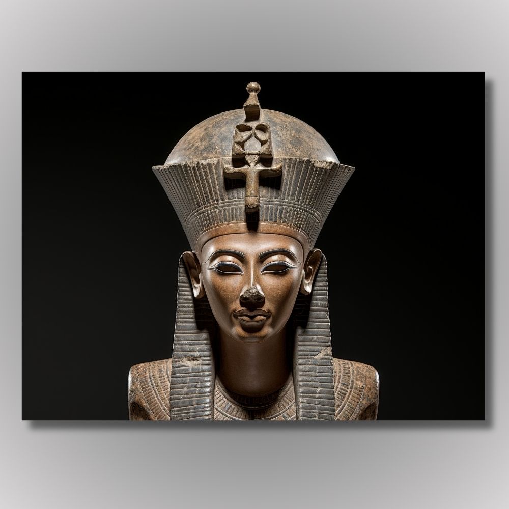 Slika biste egipatskog faraona sa krunom na crnoj pozadini, muzejski stil dekoracije za zid.