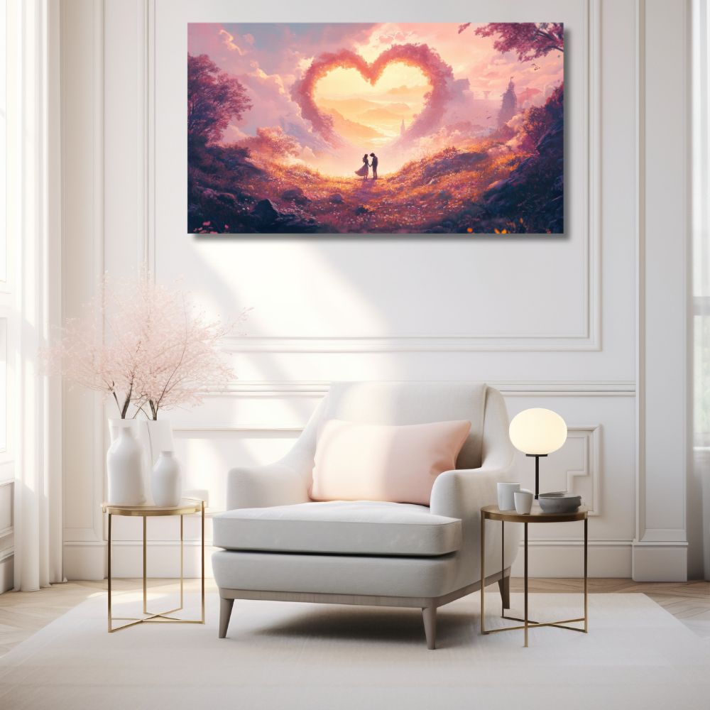 Slika para ispod oblaka u obliku srca, ružičasti i zlatni tonovi zalaska sunca, romantična slika na platnu.