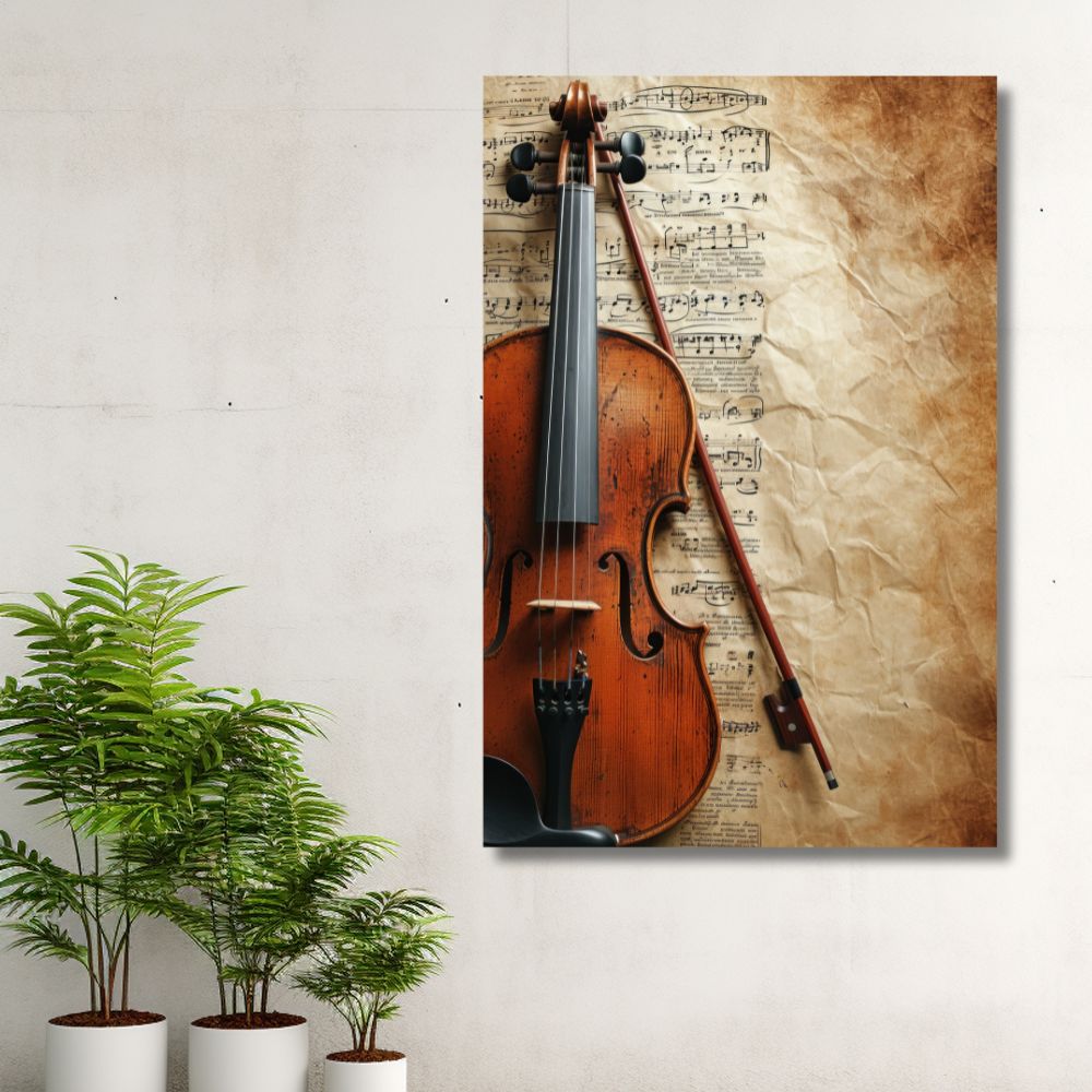 Detaljan prikaz violine položene preko starih naboranih nota, tople braon i zlatne boje, umetnička slika na platnu u vintage stilu.