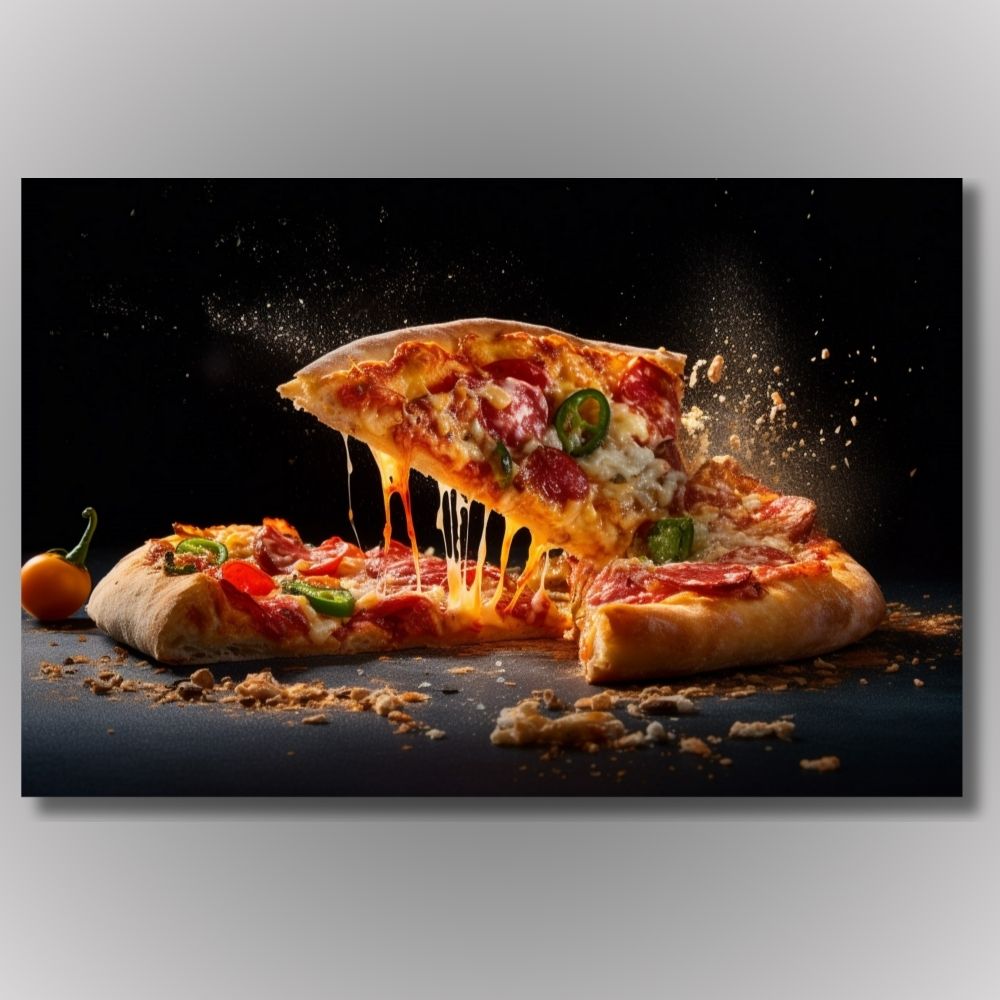 Krupan plan parčeta pice sa rastegnutim topljenim sirom i feferonima na crnoj pozadini, moderna slika na platnu za ugostiteljske objekte.