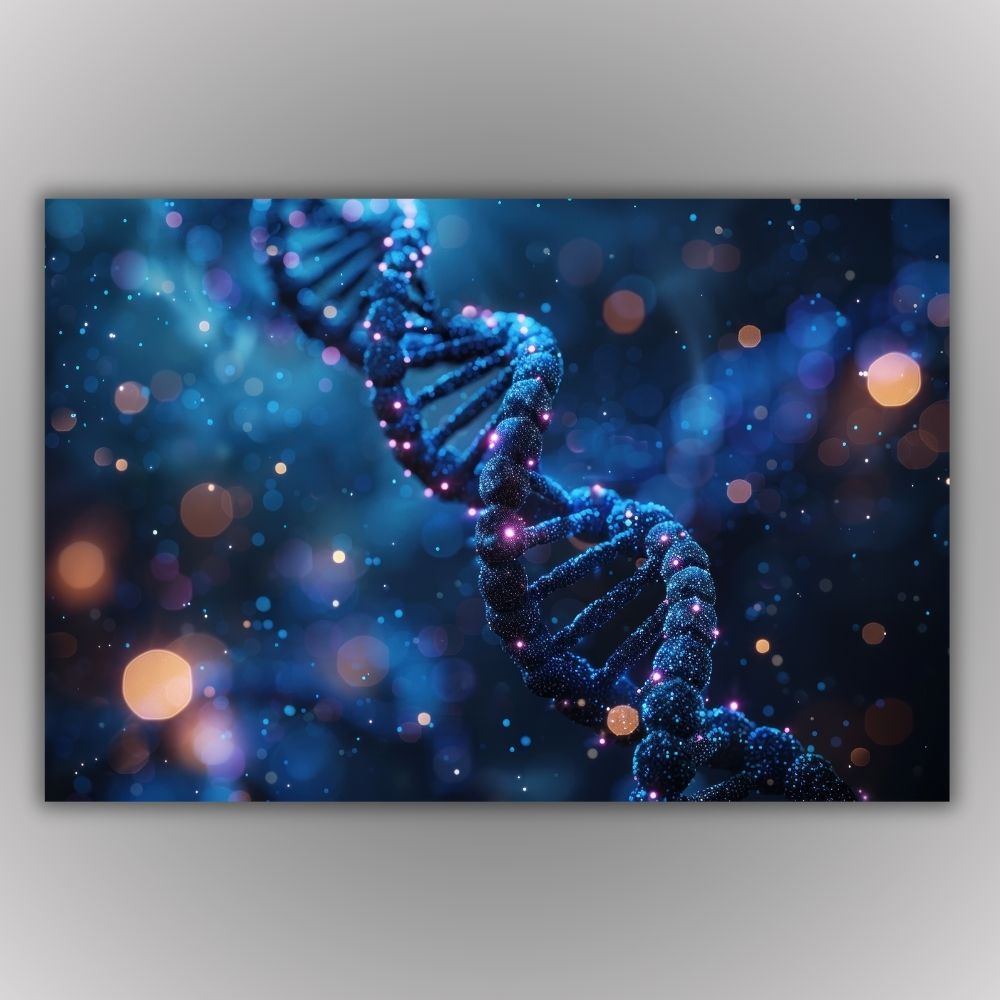 Umetnički prikaz DNK spirale u tamnoplavim tonovima sa svetlucavim životnim česticama, moderna slika na platnu za genetičare.