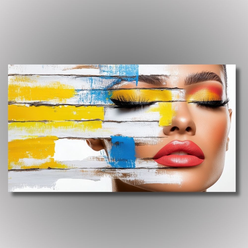 Moderna umetnička slika ženskog lica sa jarkom šminkom, idealna dekoracija za beauty studio.