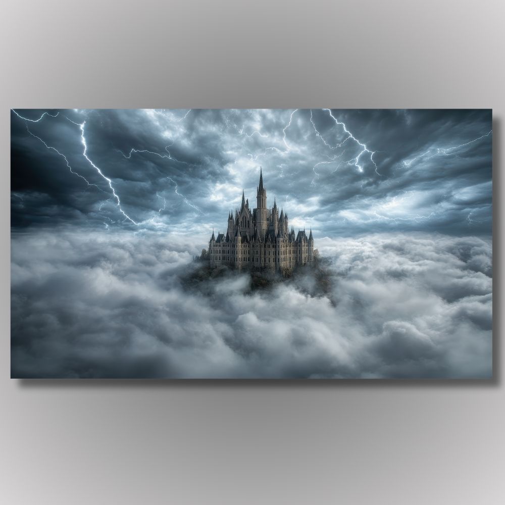 Slika na platnu sa motivom lebdećeg dvorca iznad oblaka pod munjama, stil epske fantastike.