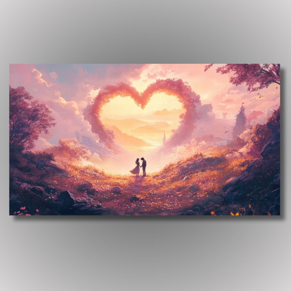 Slika para ispod oblaka u obliku srca, ružičasti i zlatni tonovi zalaska sunca, romantična slika na platnu.
