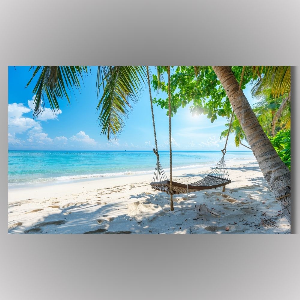 Slika egzotične plaže sa ležaljkom-ljuljaškom između palmi, tirkizno more i beli pesak, tropski pejzaž na platnu.