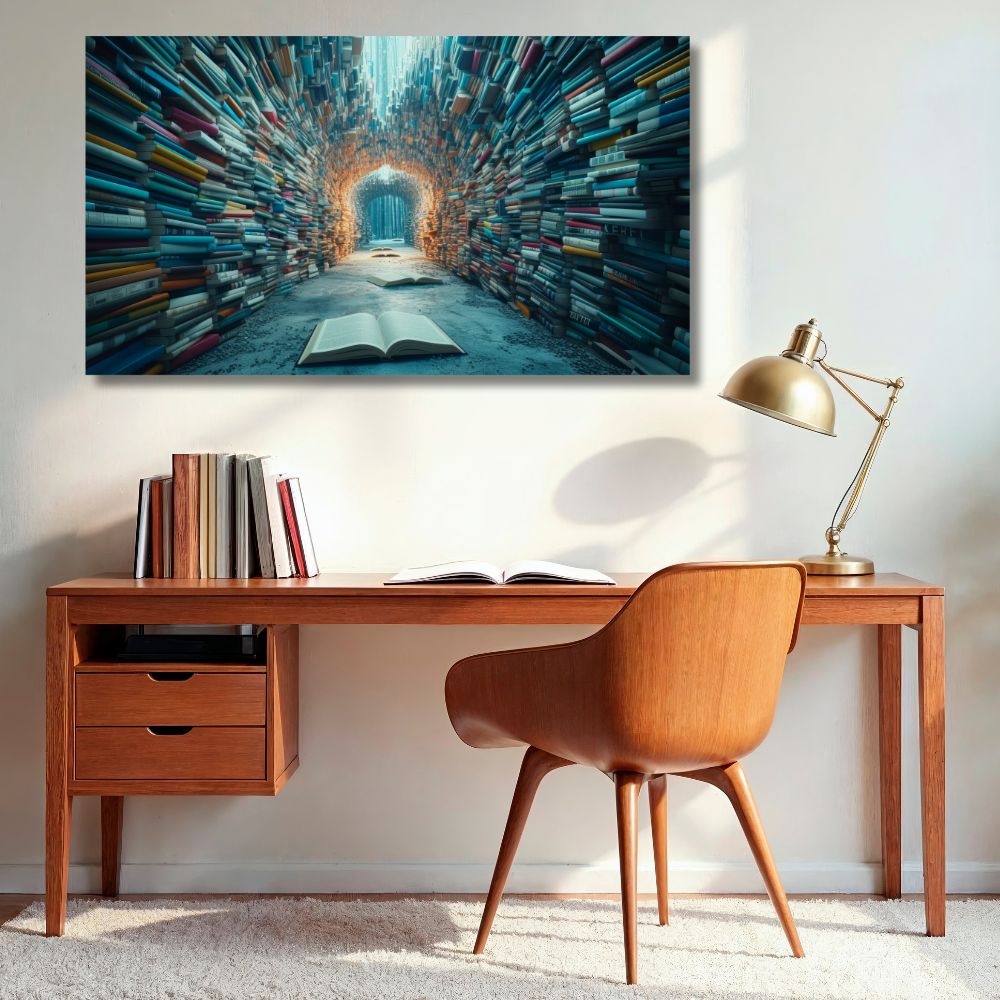 Slika tunela napravljenog od knjiga sa otvorenom knjigom u prvom planu, savršena za dekoraciju kućne biblioteke.