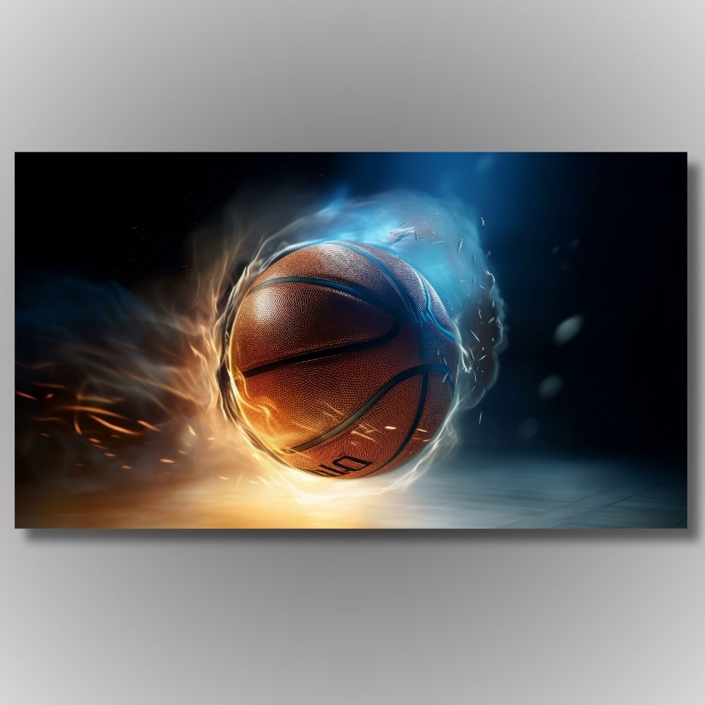 Slika košarkaške lopte u pokretu sa efektima vatre i plave svetlosti na tamnoj pozadini, idealna za sportske kabinete.