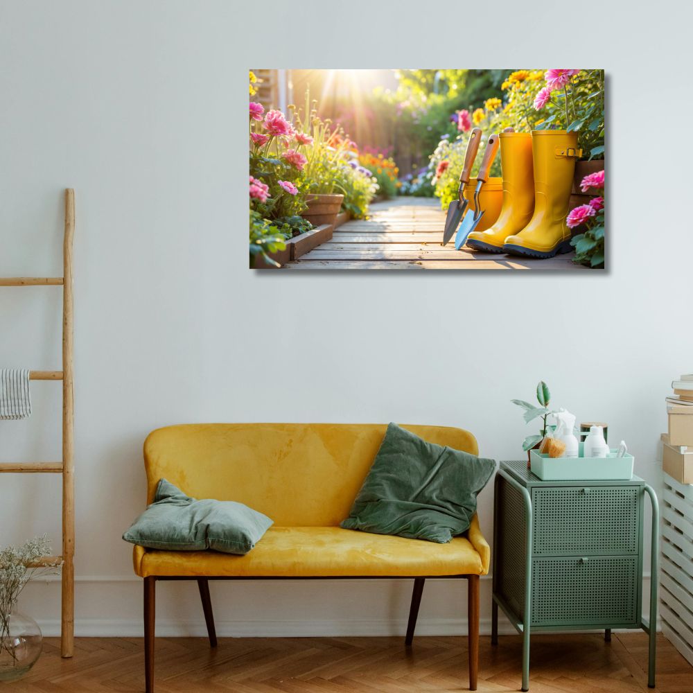 Slika na platnu sa žutim gumenim čizmama, baštenskim alatom i rascvetalim cvećem na suncu.
