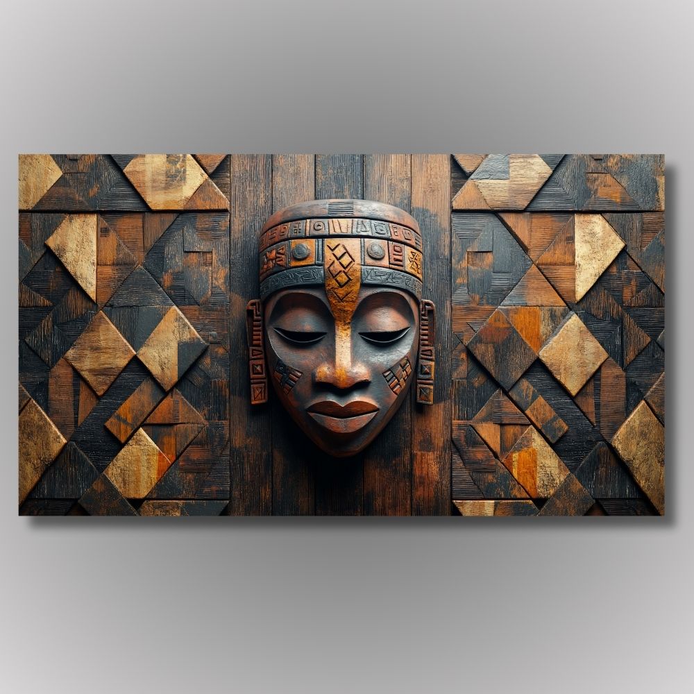 Slika drvene maske sa plemenskim motivima, simbol zaštite i mudrosti, etno dekoracija za zid.