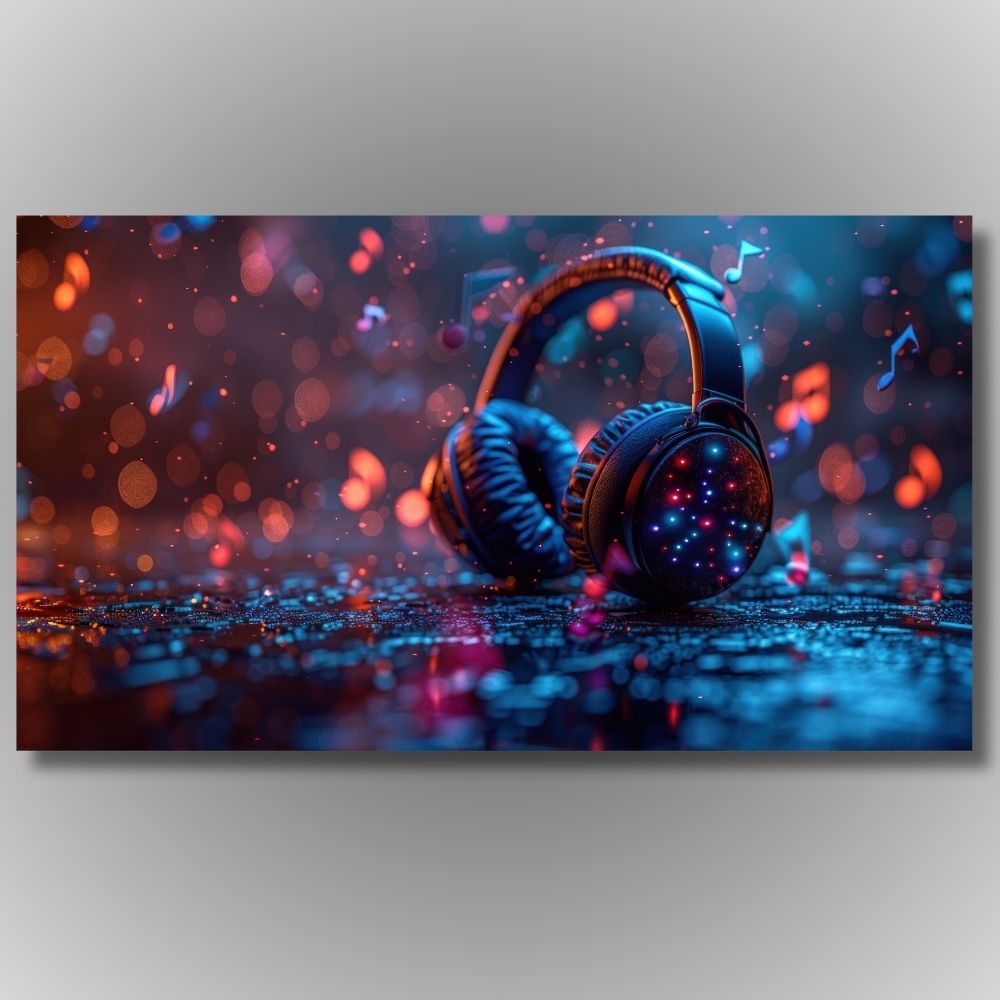 Moderna umetnička slika slušalica na tamnoj podlozi sa svetlećim notama i bokeh efektom u plavim i narandžastim tonovima.