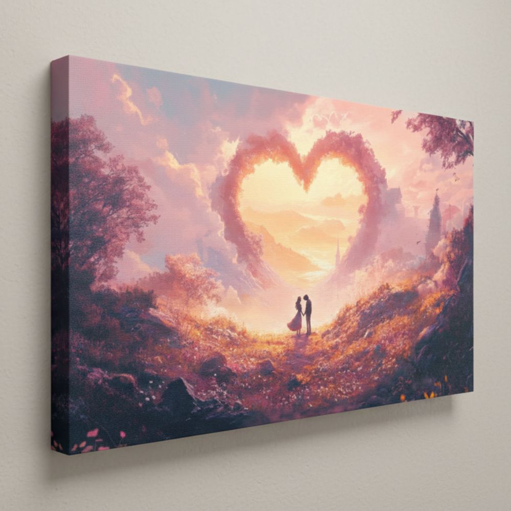 Slika para ispod oblaka u obliku srca, ružičasti i zlatni tonovi zalaska sunca, romantična slika na platnu.