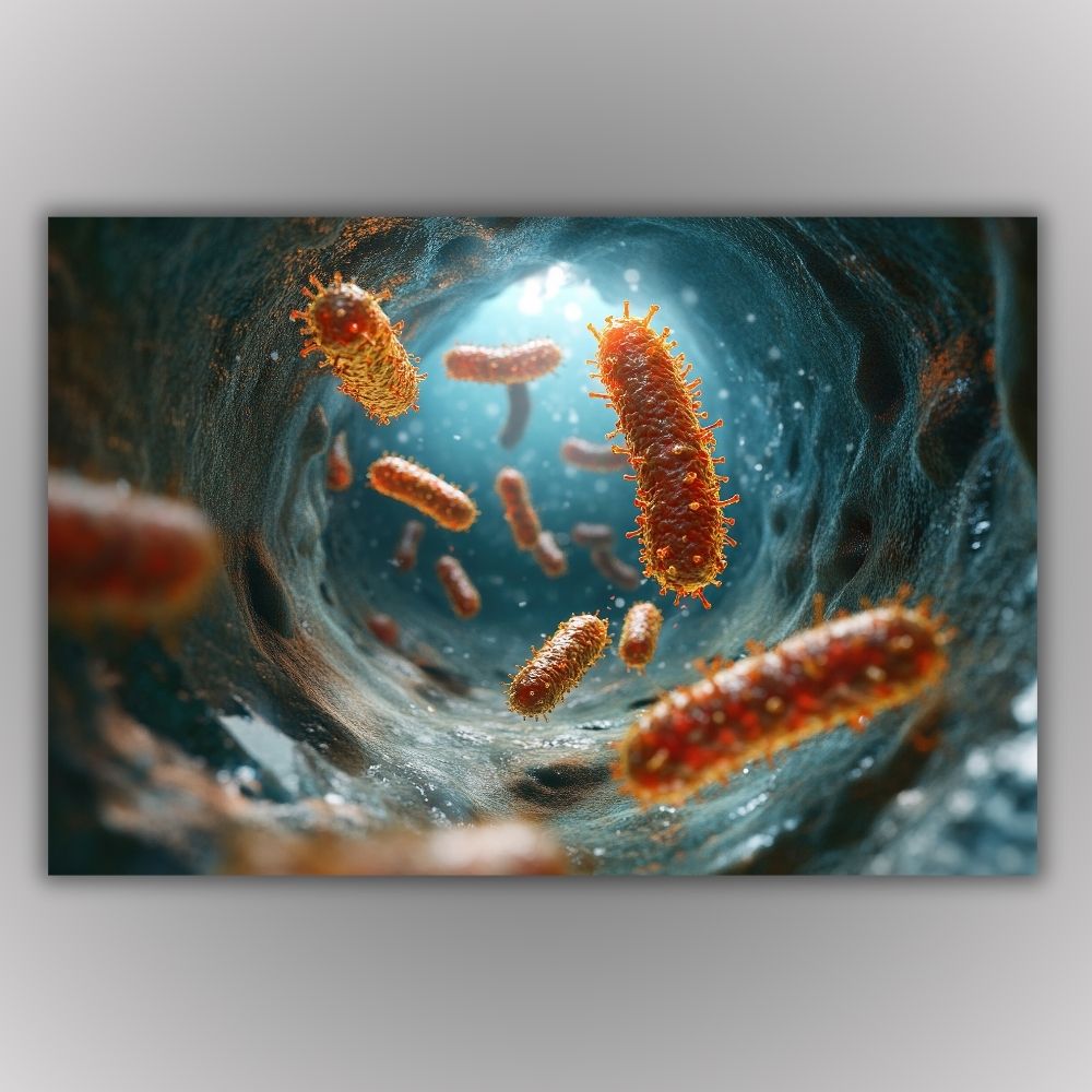 3D prikaz mikroorganizama u tirkiznim tonovima, moderna slika na platnu za mikrobiološke laboratorije, biologe i infektologe.