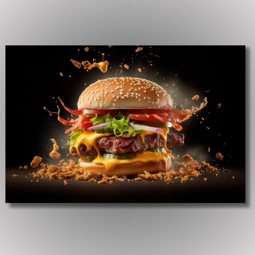 Dinamičan umetnički prikaz burgera sa topljenim sirom i slaninom u pokretu na crnoj pozadini, moderna slika na platnu za ugostiteljstvo.