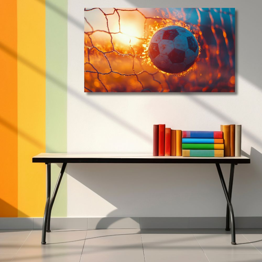 Vodoravna slika fudbalske lopte koja ulazi u mrežu gola uz dramatično narandžasto sunce i prskanje vode.