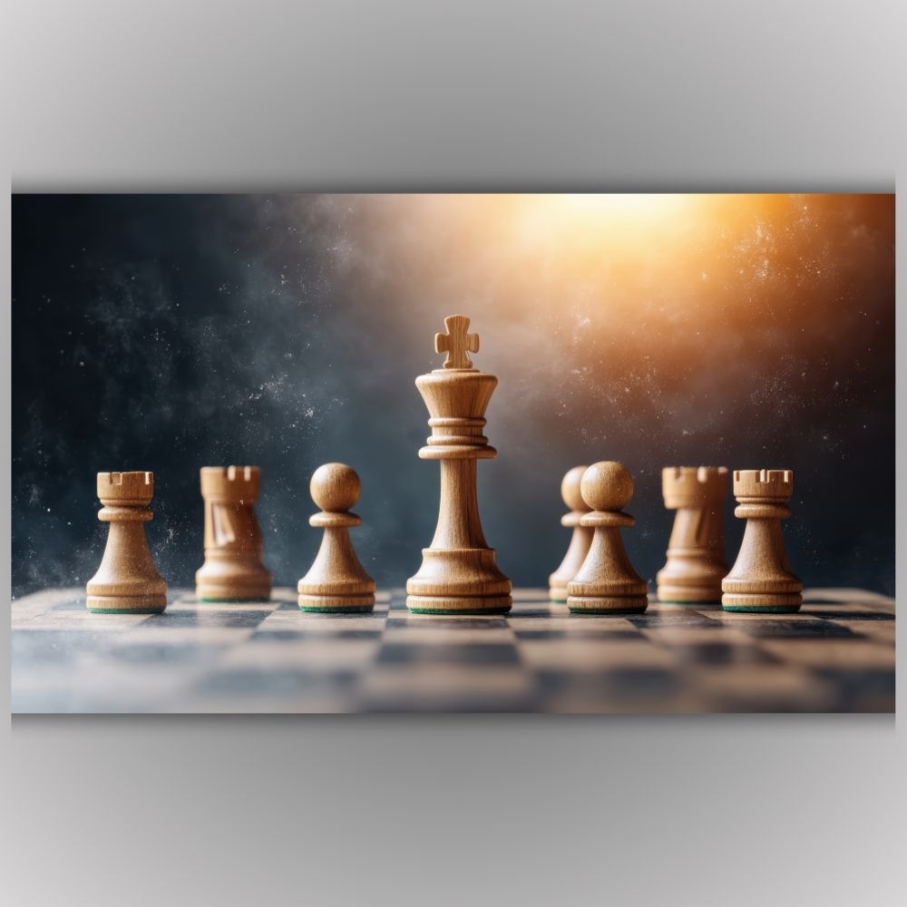 Slika na platnu sa motivom šahovskog kralja pod zlatnom svetlošću, simbol liderstva i strategije.