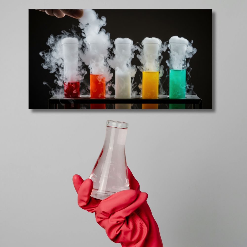 Slika na platnu sa epruvetama u boji i dimom, idealan poklon za diplomiranje na hemiji i dekoraciju hemijske laboratorija.