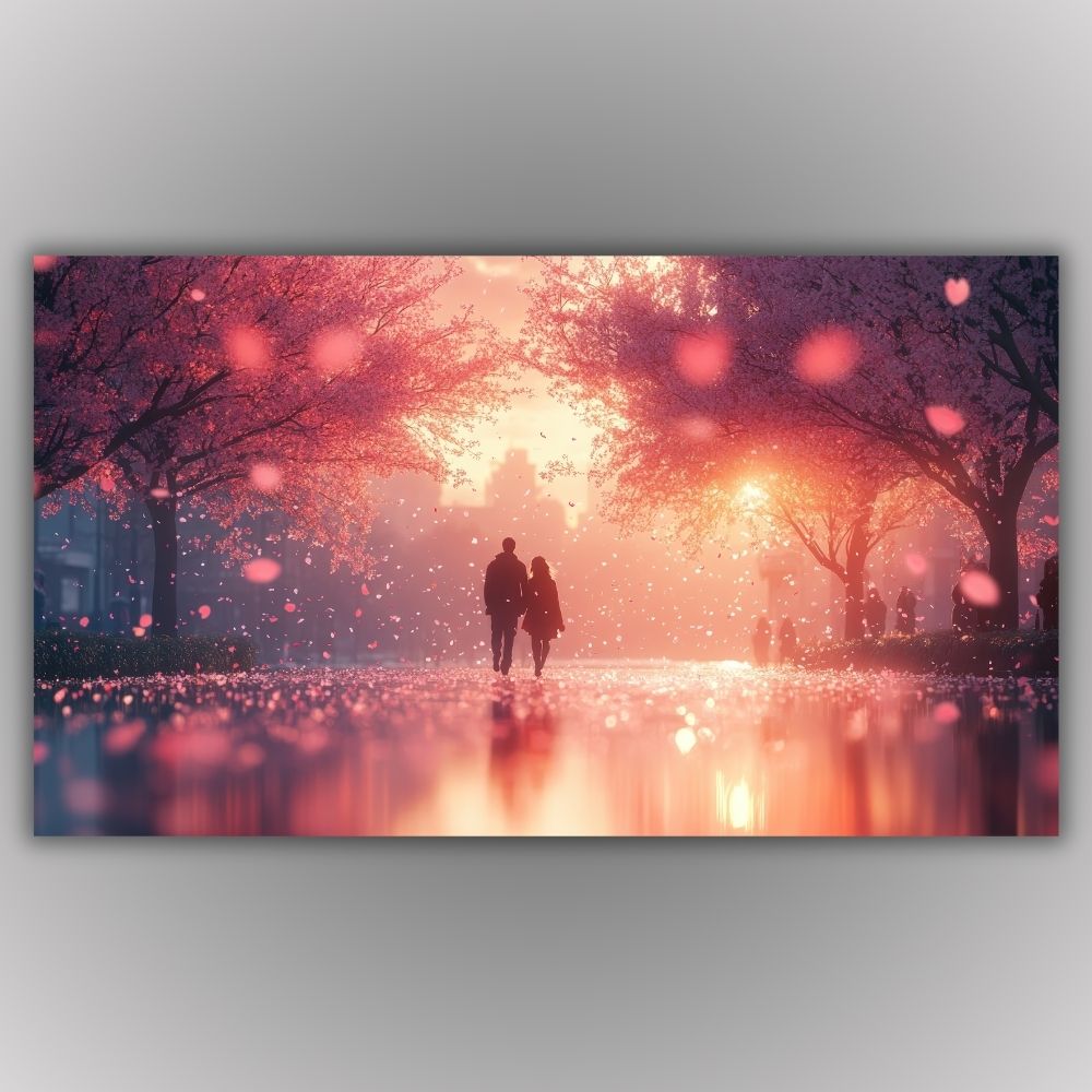 Romantična slika na platnu, par koji šeta pod drvoredom trešanja, idealan poklon za Dan zaljubljenih i godišnjice, topli roze tonovi.