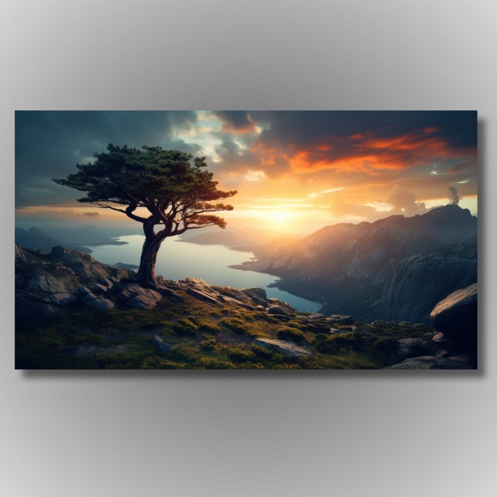 Slika drveta na kamenoj litici iznad fjorda, zalazak sunca iza planinskih vrhova, dramatičan pejzaž na platnu.