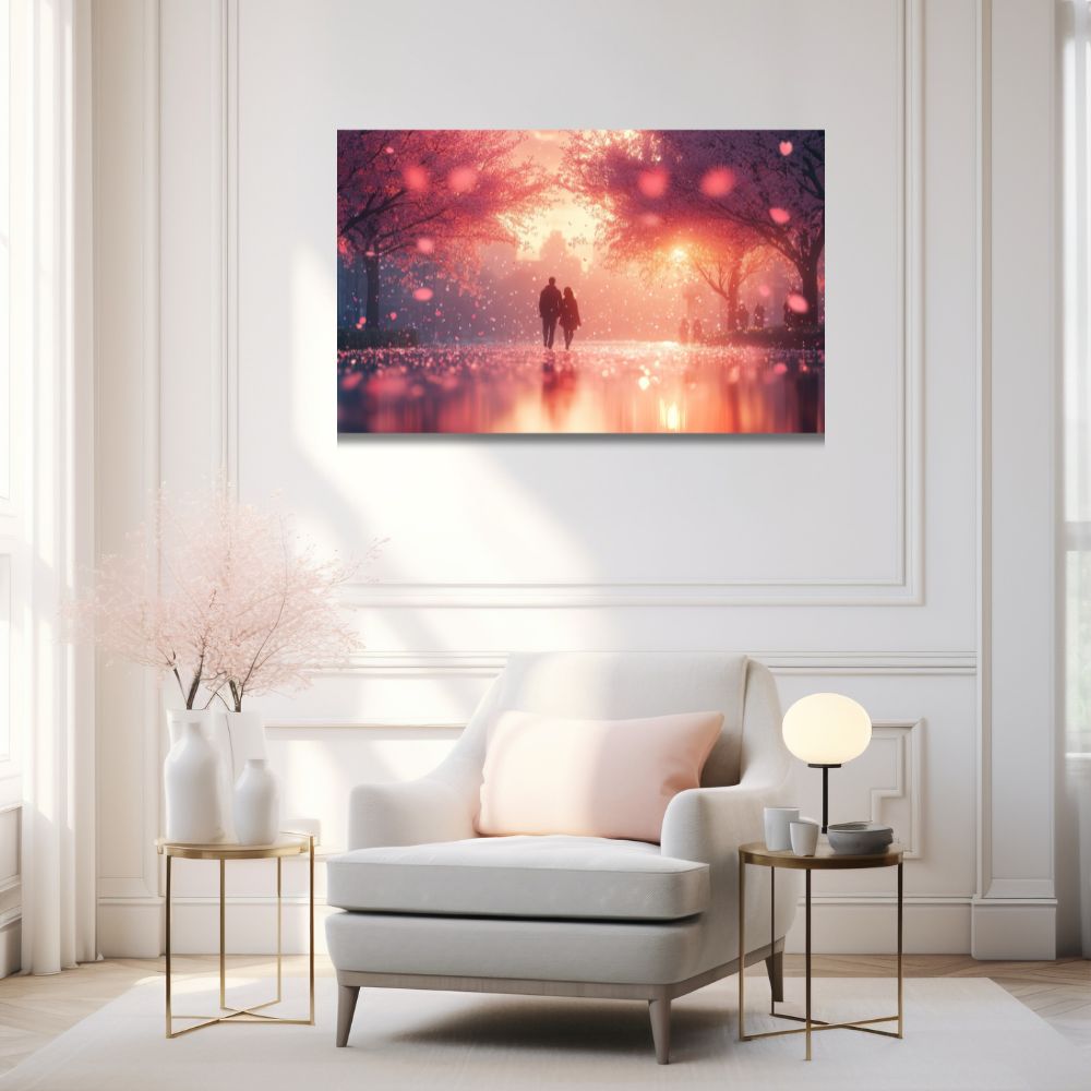 Romantična slika na platnu, par koji šeta pod drvoredom trešanja, idealan poklon za Dan zaljubljenih i godišnjice, topli roze tonovi.