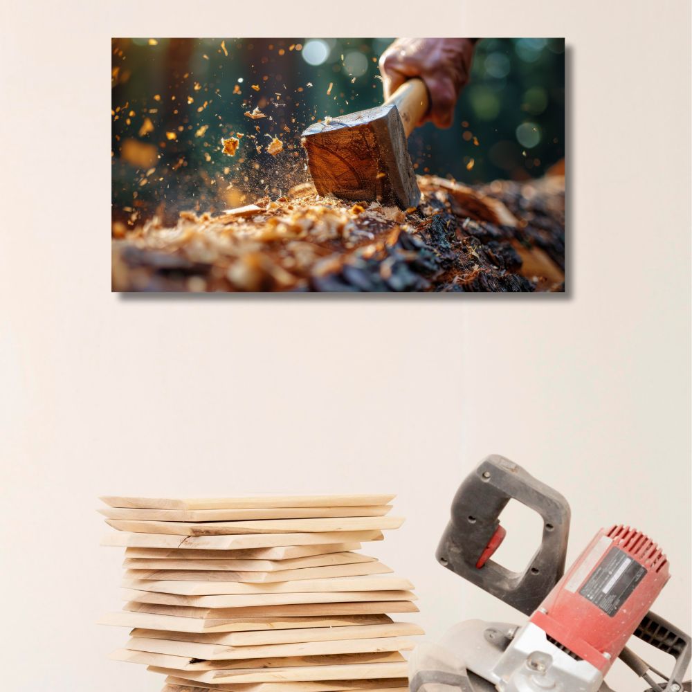 Umetnička slika na platnu koja prikazuje drveni čekić u trenutku udarca o drvo sa letećom strugotinom i sunčevom svetlošću, idealna dekoracija za stolarske radionice i ljubitelje zanata.