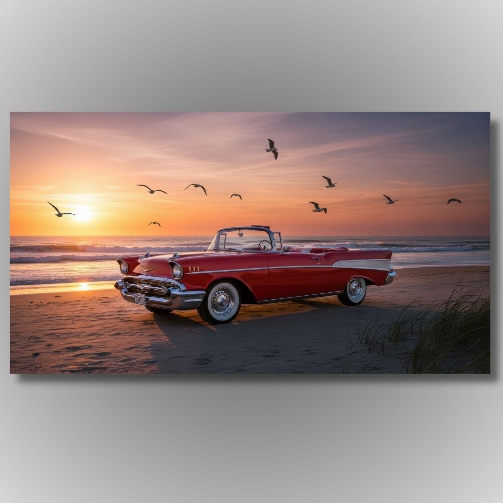 Vodoravna slika crvenog klasičnog automobila na peščanoj plaži tokom zalaska sunca sa galebovima na nebu.