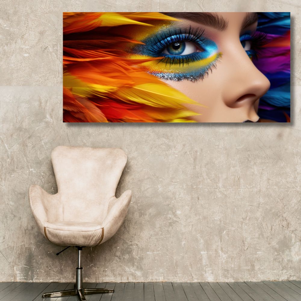 Slika na platnu sa krupnim planom oka, intenzivnom plavom senkom i šarenim perjem, idealna za salone lepote.