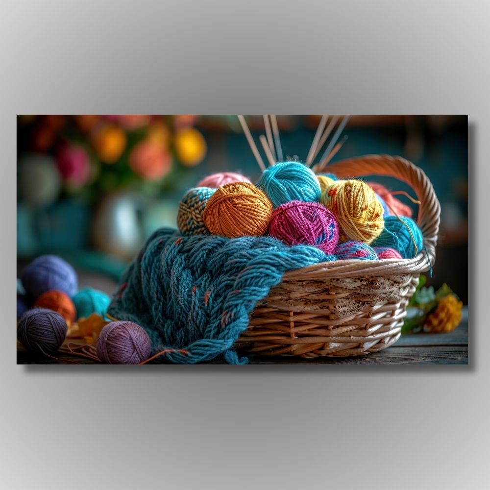 Slika na platnu sa pletenom korpom punom šarenih klupka vune, idealna dekoracija za kreativne prostore.