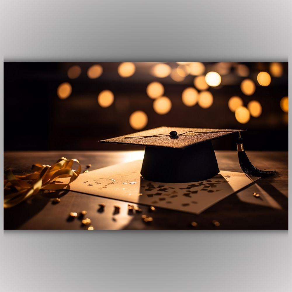 Slika na platnu sa kapom za diplomiranje i zlatnim detaljima, simbol akademskog uspeha i diplomiranja.