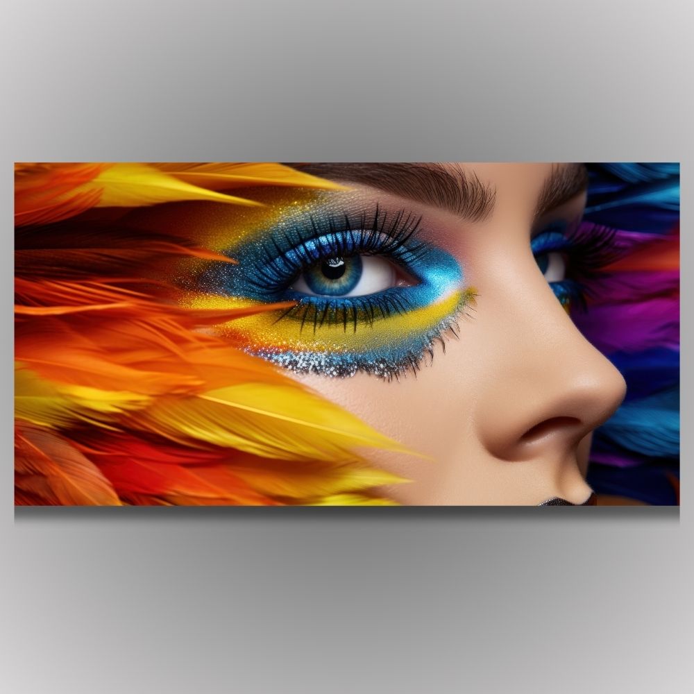 Slika na platnu sa krupnim planom oka, intenzivnom plavom senkom i šarenim perjem, idealna za salone lepote.