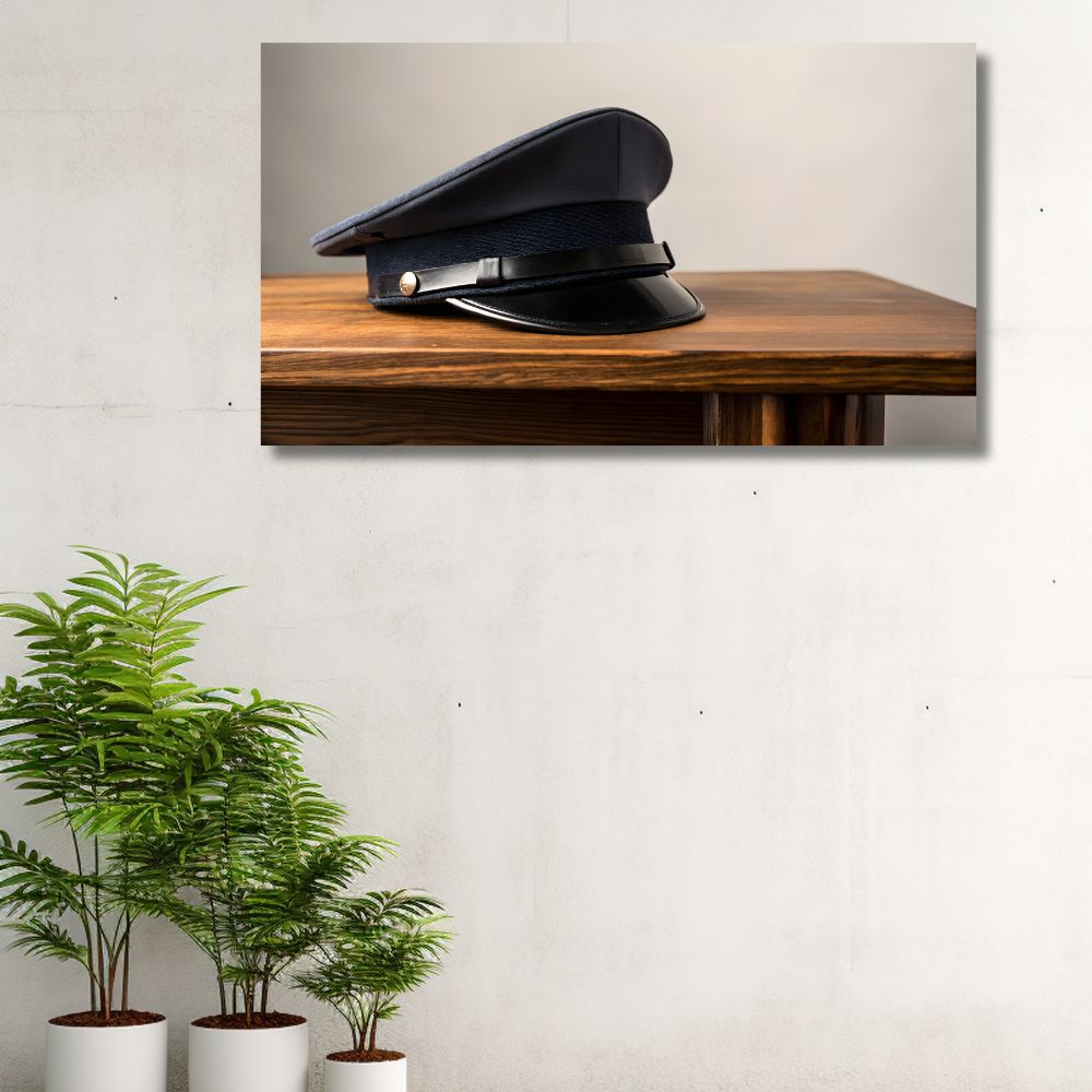 Detaljan prikaz policijske šapke na drvenom stolu, simbol časti i završene dužnosti, umetnička slika na platnu za pripadnike bezbednosnih službi.