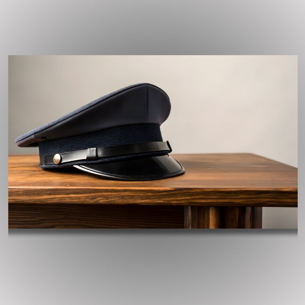 Detaljan prikaz policijske šapke na drvenom stolu, simbol časti i završene dužnosti, umetnička slika na platnu za pripadnike bezbednosnih službi.